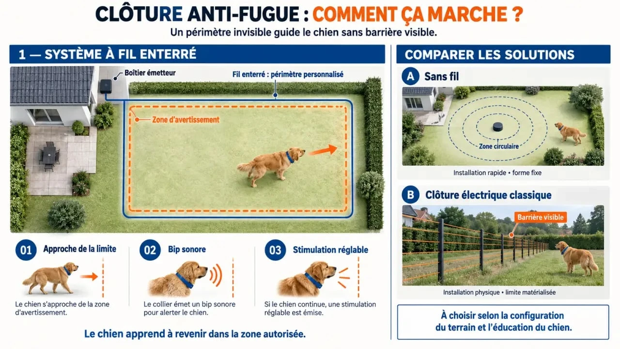 Schéma du fonctionnement d'une clôture anti-fugue pour chien avec fil enterré, système sans fil et clôture électrique classique