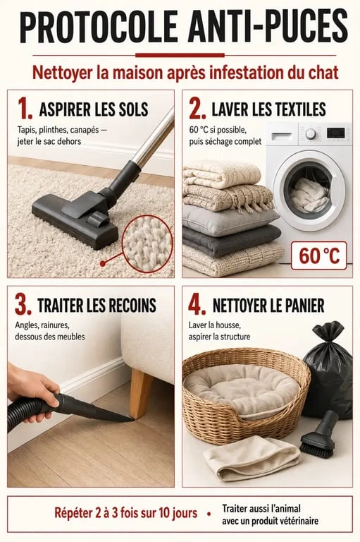 Traitement puces chat maison : nettoyage des textiles, tapis et recoins du foyer