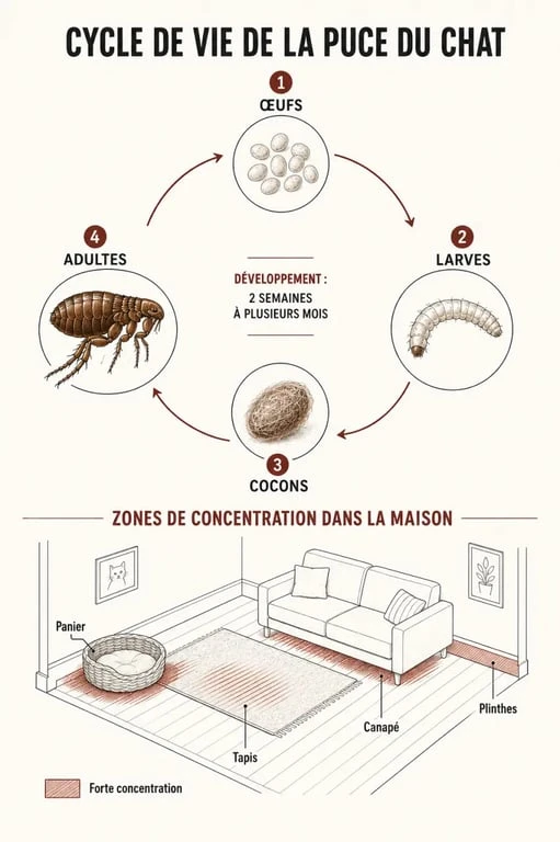 Traitement puces chat maison : cycle de vie de la puce et zones à traiter dans l’habitat
