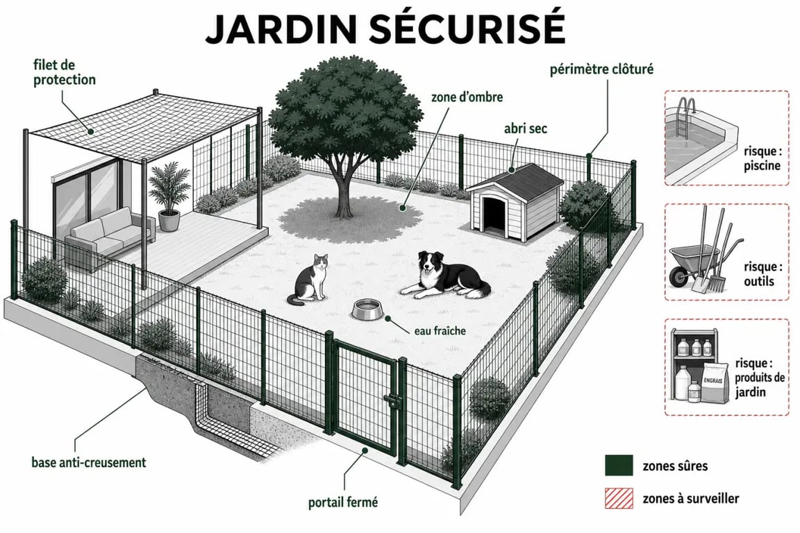 Aménager un jardin sécurisé pour chats et chiens avec clôture, filet, ombre et zones à risque