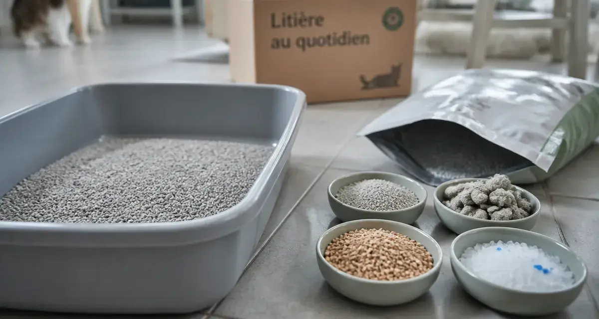 Litière pour chat Auchan dans une cuisine, bac et sac ouverts