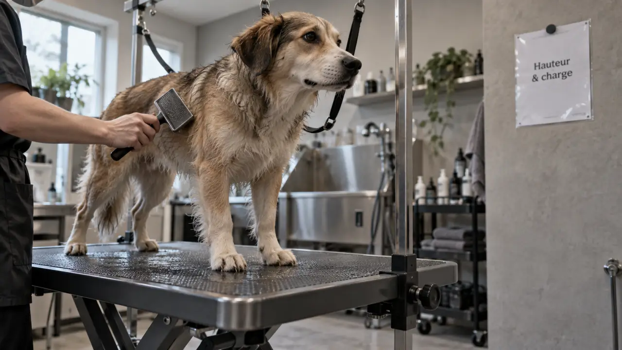 Table de toilettage pour chien : hauteur mal réglée et brossage