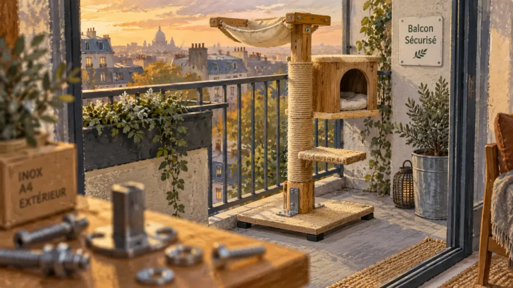 Un arbre à chat extérieur sur balcon exige une fixation adaptée et un espace sécurisé