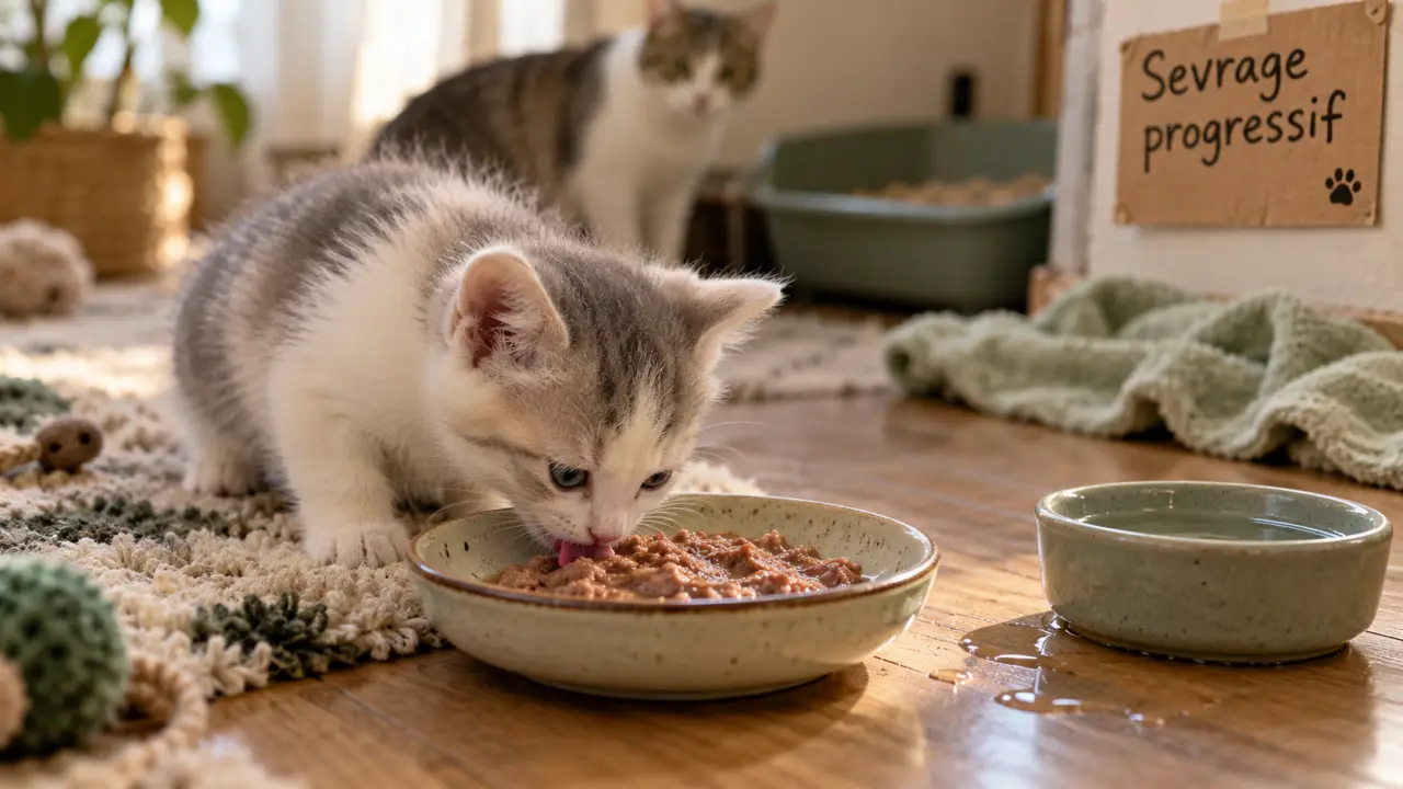 Chaton sevré mange seul dans une coupelle, eau fraîche à côté
