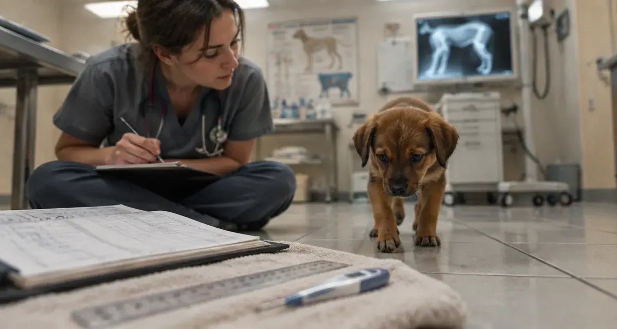 Chien trisomique : vétérinaire examine un chiot
