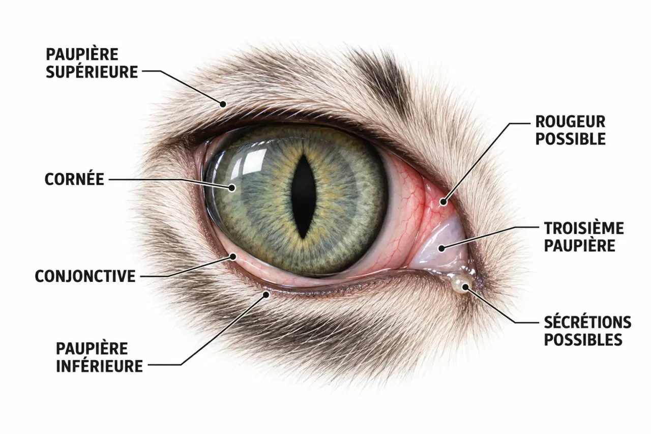Schéma de l’œil d’un chaton avec conjonctivite, conjonctive, cornée et troisième paupière