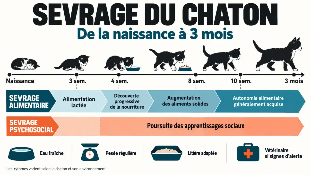 Frise chronologique du chaton sevré, du lait à l’alimentation solide et aux apprentissages sociaux