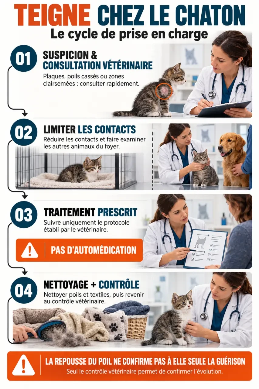 Teigne chaton : cycle consultation, traitement, désinfection et contrôle vétérinaire