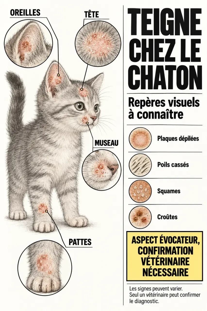 Teigne chaton : signes cutanés et localisations fréquentes à faire confirmer par un vétérinaire