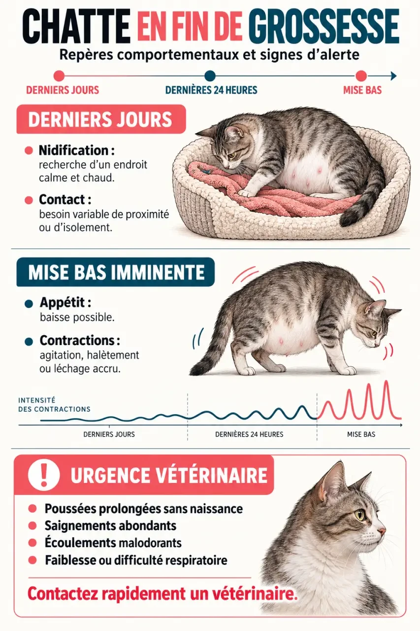 Infographie sur le comportement d’une chatte en fin de grossesse et les signes de mise bas ou d’urgence