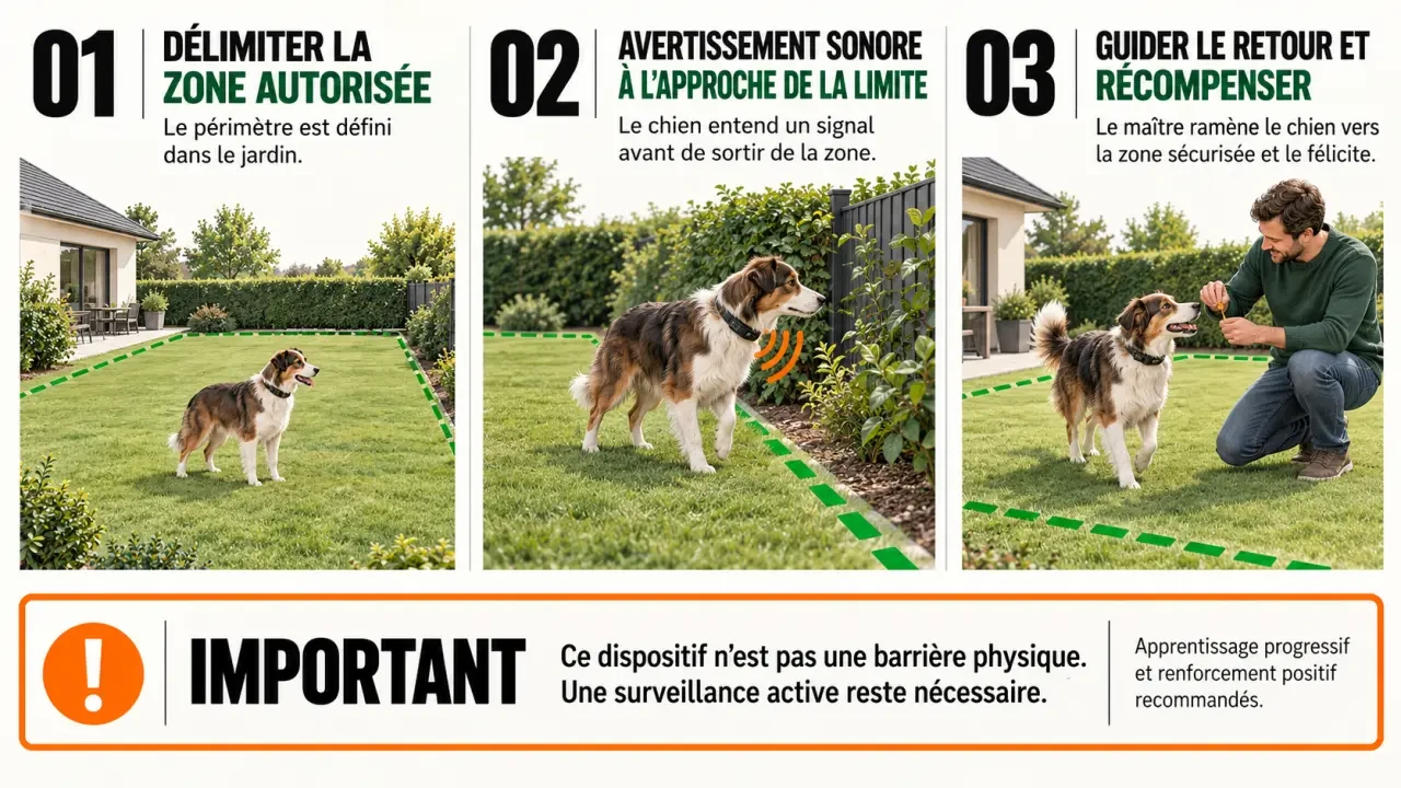 Schéma du fonctionnement d’un collier anti fugue chien en trois étapes