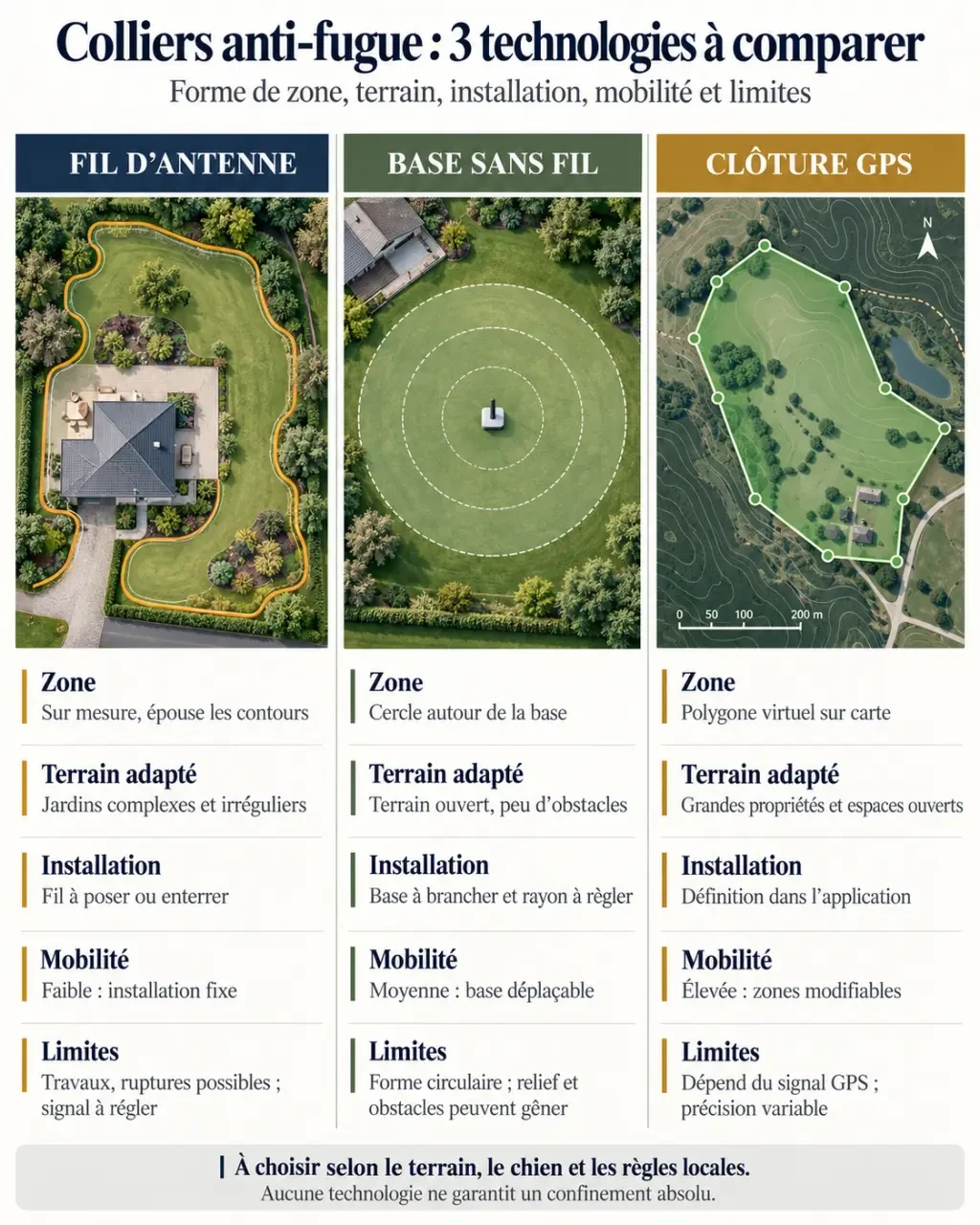 Infographie comparative des technologies de collier anti fugue chien : fil, base sans fil et GPS