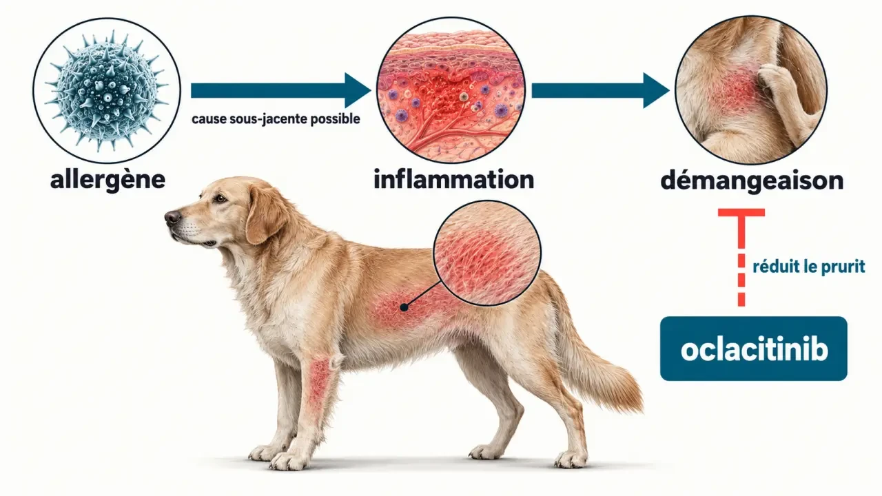 Apoquel chien : schéma du lien entre allergie, inflammation, prurit et action de l’oclacitinib