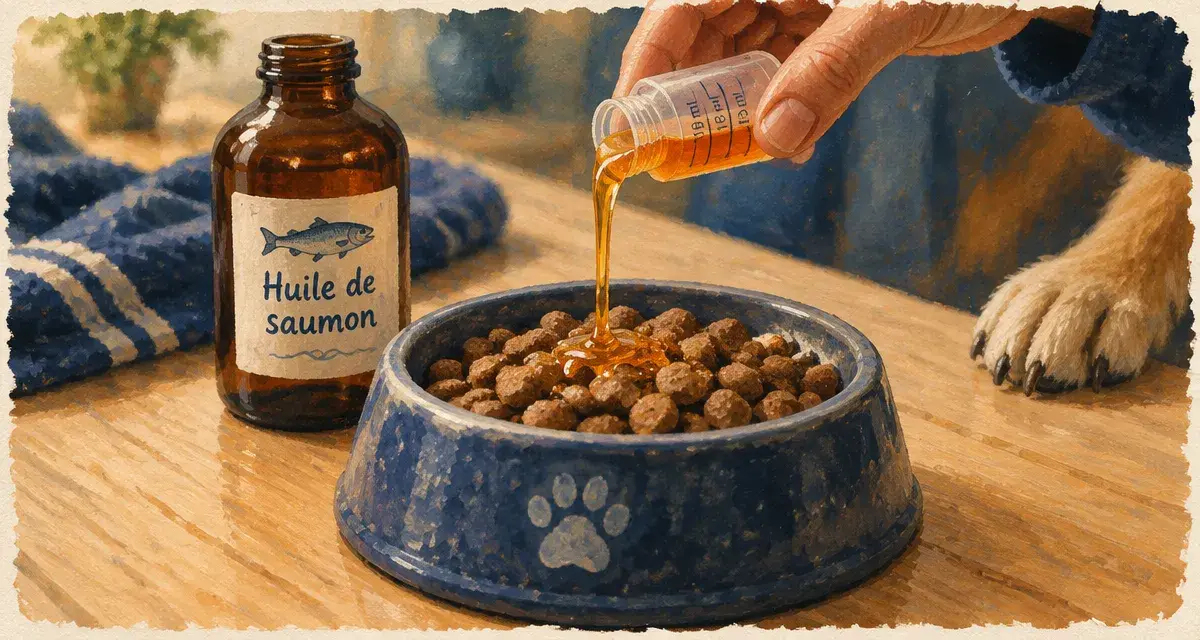 Huile de saumon chien versée sur croquettes pour éviter diarrhée et prise de poids