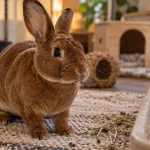 Lapin rex aux pattes protégées sur tapis antidérapant