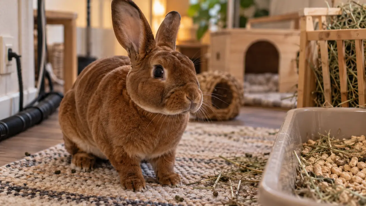 Lapin rex aux pattes protégées sur tapis antidérapant