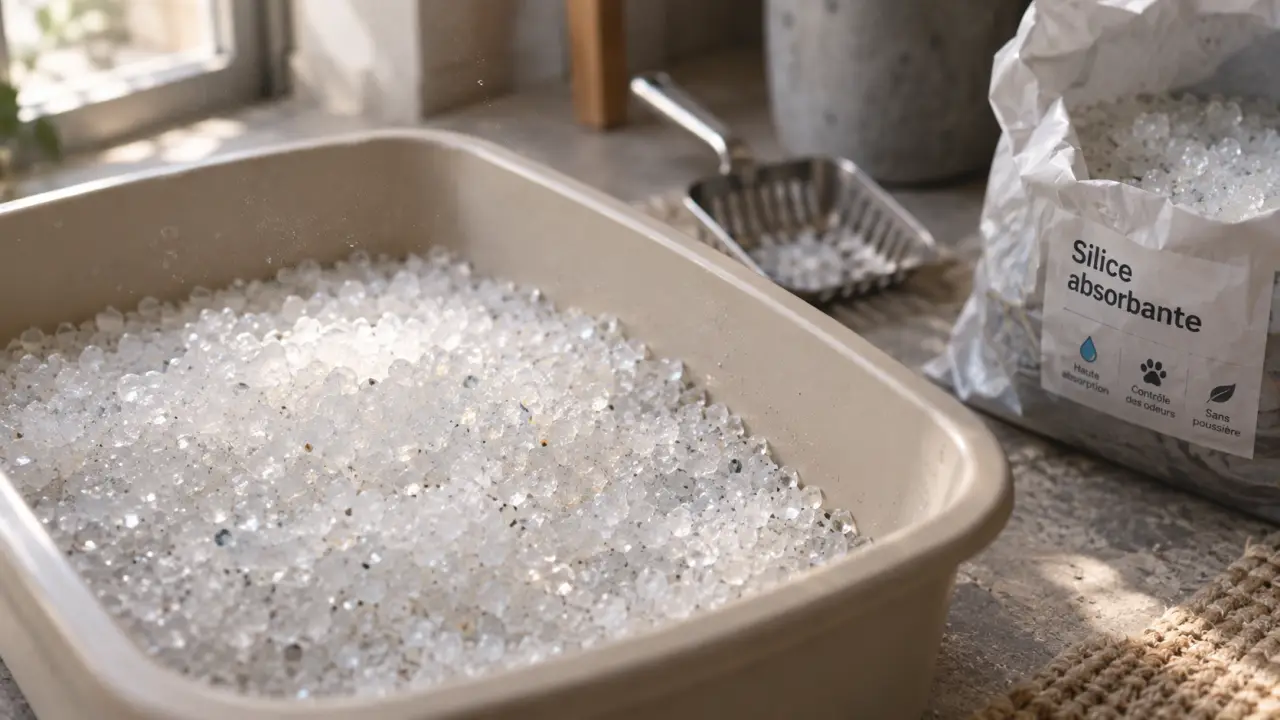 Litière pour chat silice : cristaux translucides en bac