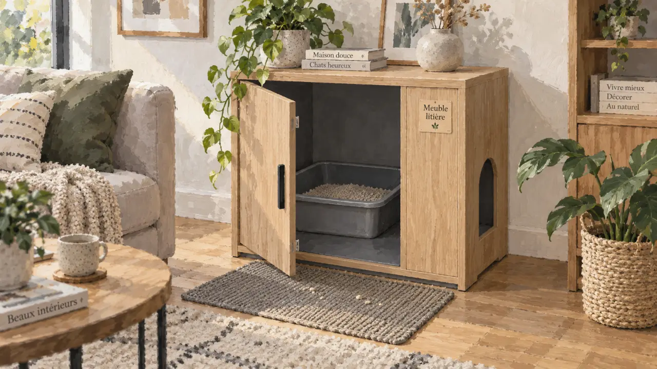 Meuble pour litière chat en MDF effet bois clair, bac couvert